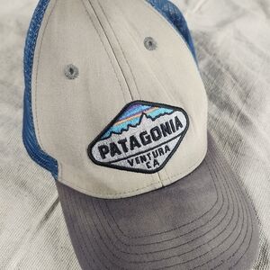 Patagonia Tan and Blue Logo Trucker Hat